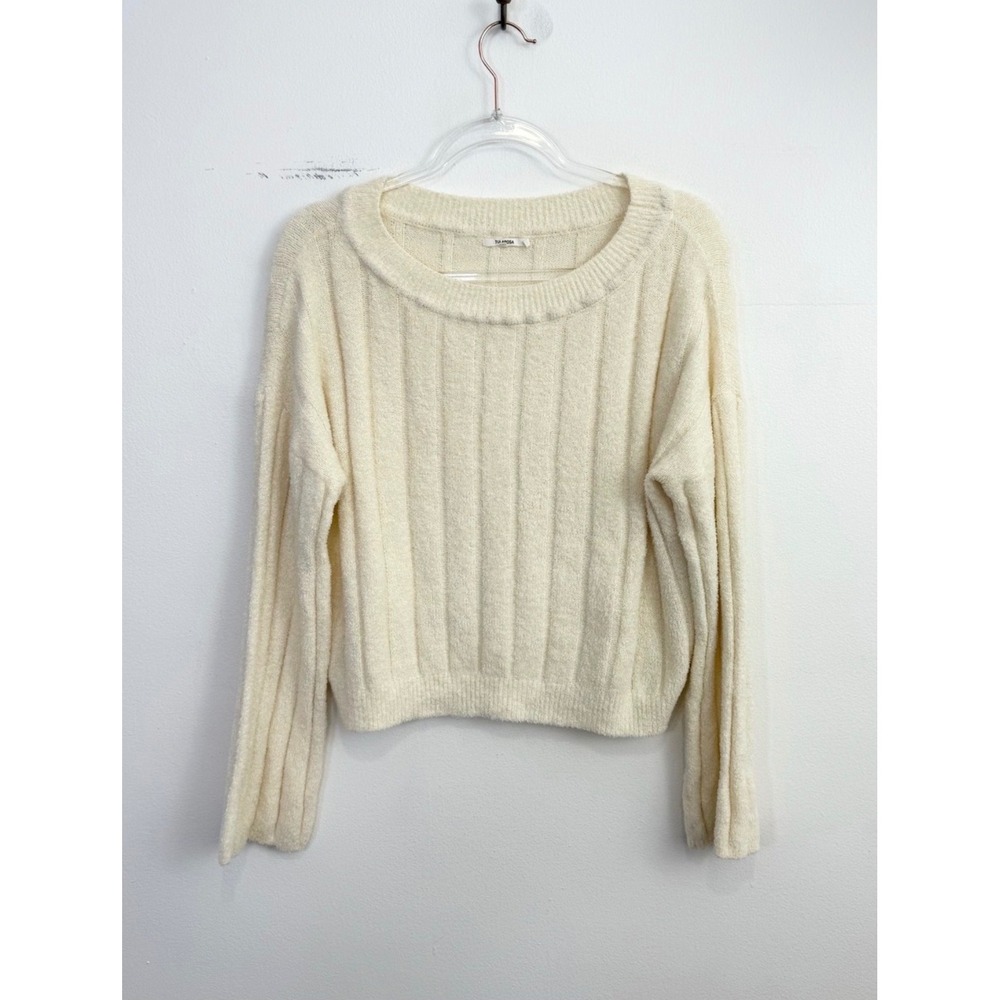 Tularosa Cream Fuzzy Ribbed Cropped Scoop Neck Sweater Small